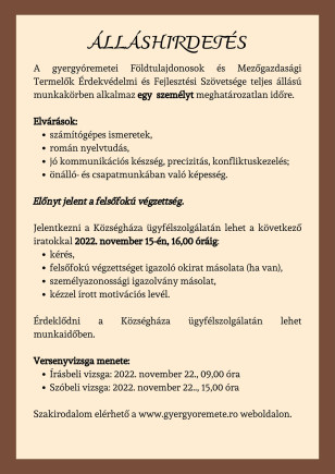 Álláshirdetés - 2022. 11. 07.