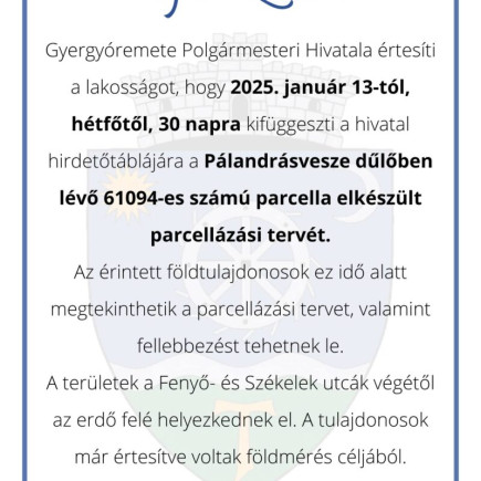 Parcellázási terv kifüggesztése 2025.01.10.