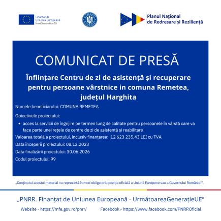 COMUNICAT DE PRESĂ - Înființare Centru de zi de asistență și recuperare pentru persoane vârstnice