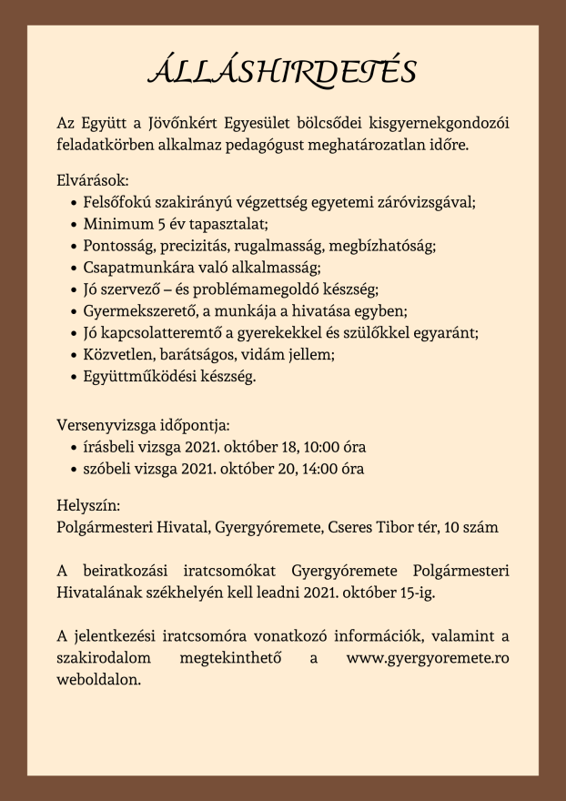 Álláshirdetés - 2021. 10. 11.