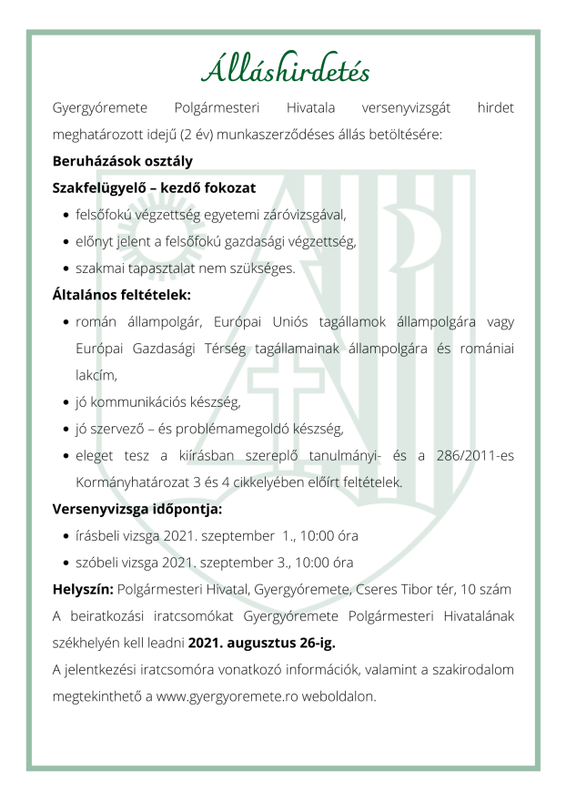 Álláshirdetés - 2021. 08. 09.